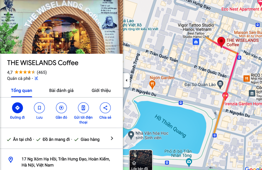 Google Địa điểm - THE WISELANDS Coffee hiển thị trên Google Maps